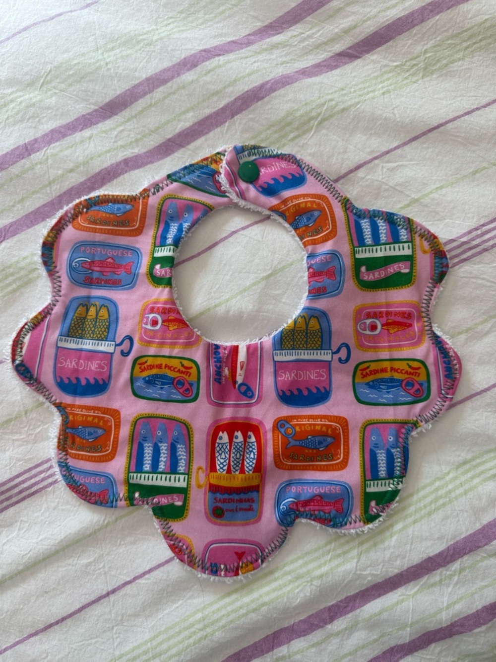 Baby Bib Pink Sardine Print- handmade